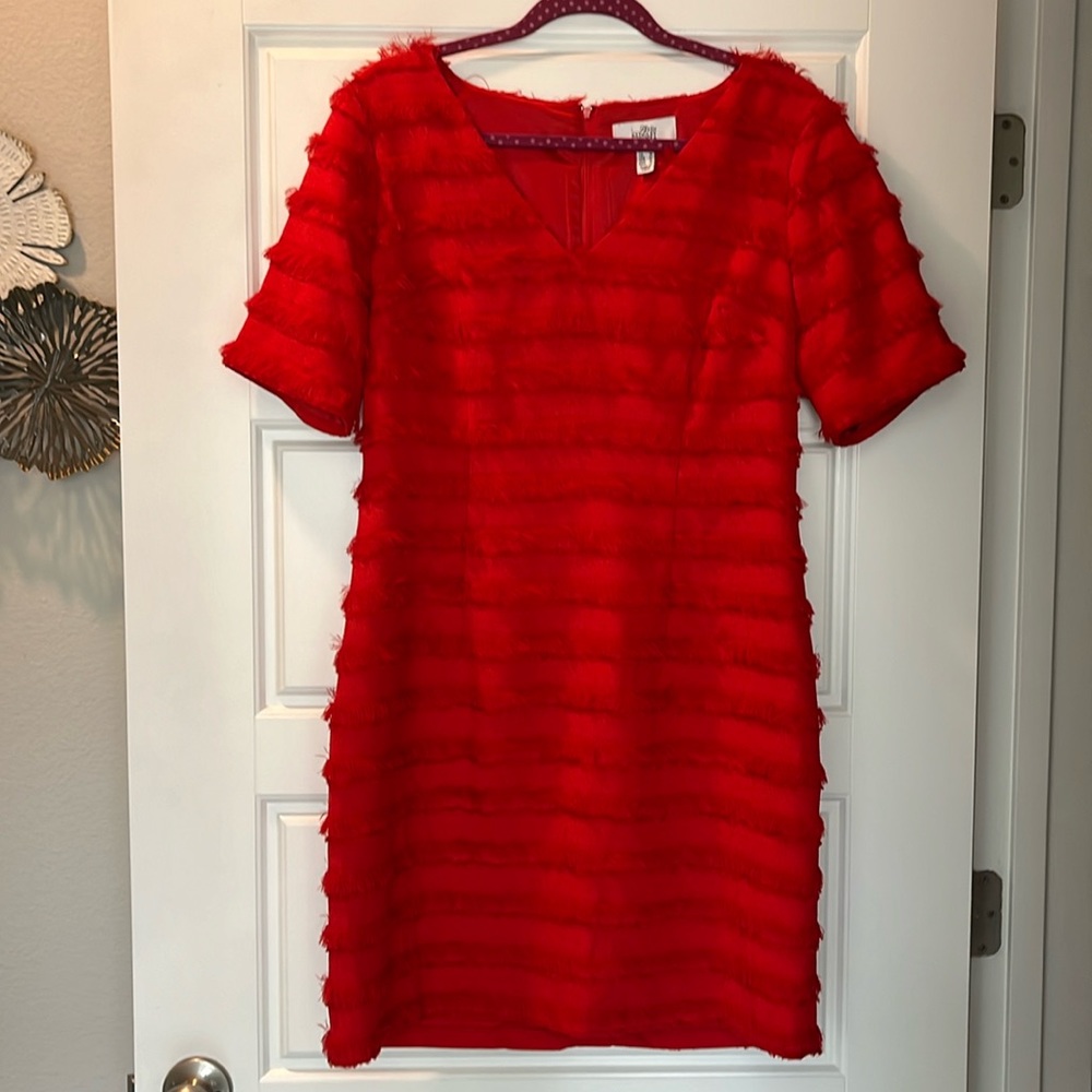 Red Badgley Mischka dress with fringe. Size 12. Never worn.